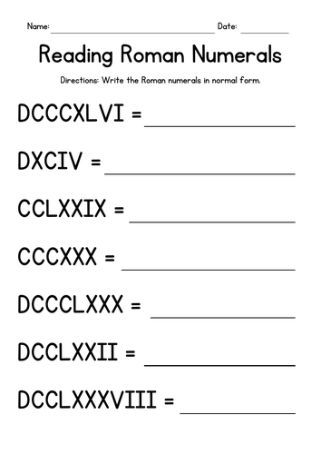 Reading Roman Numerals Worksheets