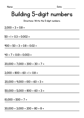 5 Digit Numbers - Decimals Worksheets