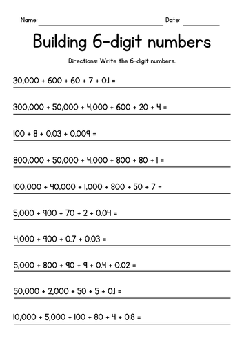 6 Digit Numbers - Decimals Worksheets