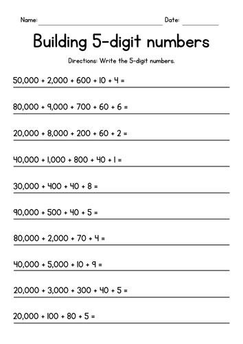 Building 5 Digit Numbers Worksheets