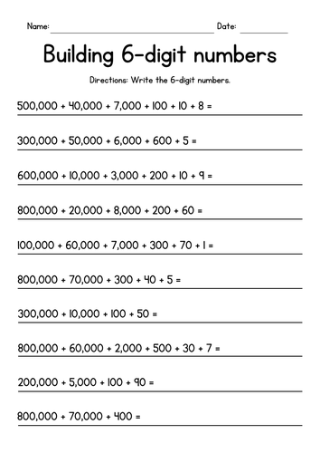 Building 6 Digit Numbers Worksheets