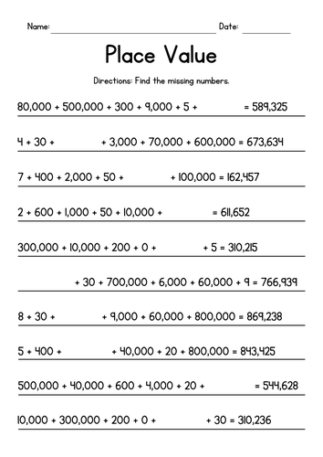 Missing Place Value 6-Digit Numbers