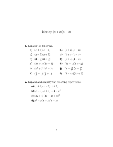 Identity (a+b)(a-b) worksheet no 4 (with solutions) | Teaching Resources