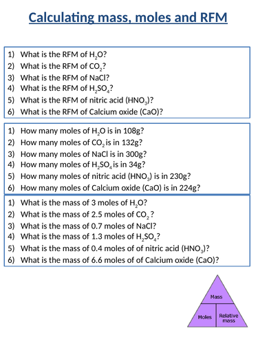 C3; Calculating the amount of substance in equations (mass, moles RFM)