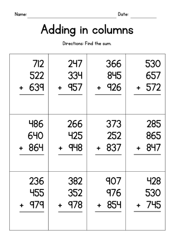 Adding Three 3-Digit Numbers in Columns