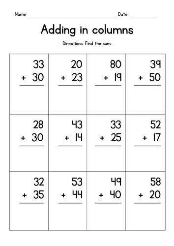 Adding 2-Digit Numbers in Columns Worksheets