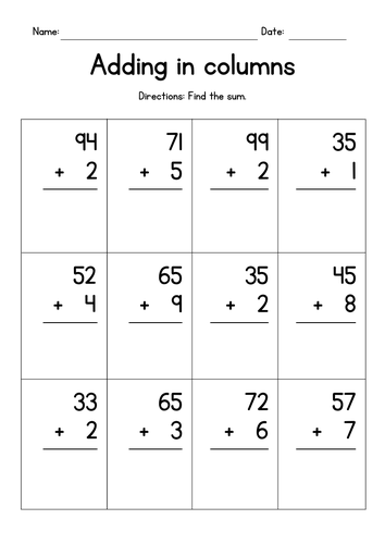 Adding 2-Digit and 1-Digit Numbers in Columns