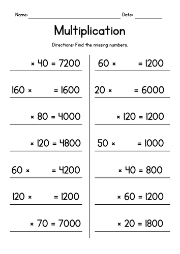 Multiplying by Whole Tens - Missing Numbers