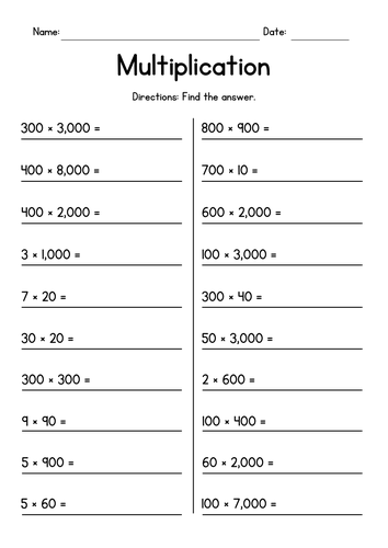 Multiplying Whole Tens, Hundreds and Thousands