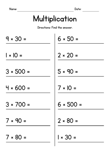 Multiplying Whole Tens and Whole Hundreds by Single Digit Numbers