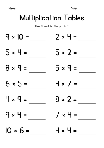 Multiplication Tables - up to 10