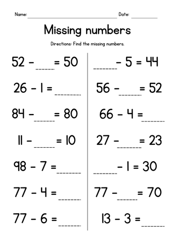 Subtracting from 2-Digit Numbers Worksheets