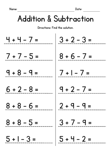 Add and Subtract 3 Numbers Worksheets