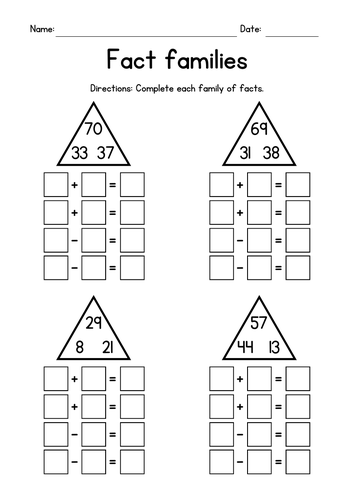 Addition and Subtraction - Fact Families Worksheets