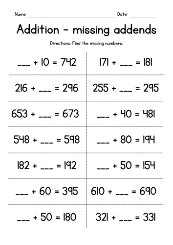 Adding Whole Tens to 3-Digit Numbers (missing addends)