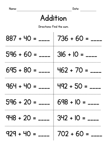 Adding Whole Tens to 3-Digit Numbers Worksheets