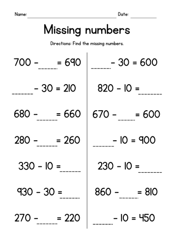 Subtracting Whole Tens - Missing Numbers