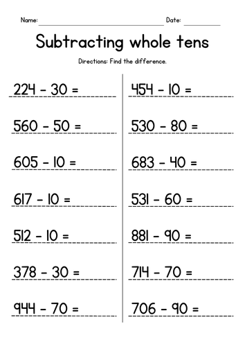 Subtracting Whole Tens from 3-Digit Numbers