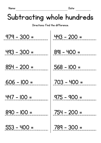 Subtracting Whole Hundreds from 3-Digit Numbers | Teaching Resources
