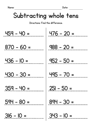 Subtracting Whole Tens from 3-Digit Numbers (no regrouping)