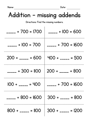 Adding Whole Hundreds - Missing Addends Worksheets