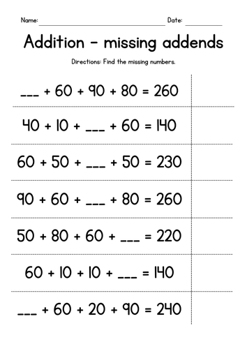 Adding Four Whole Tens - Missing Numbers