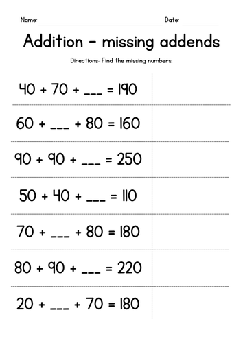 Adding Three Whole Tens - Missing Numbers