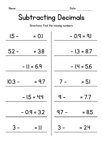 Subtracting Decimals - Missing Numbers