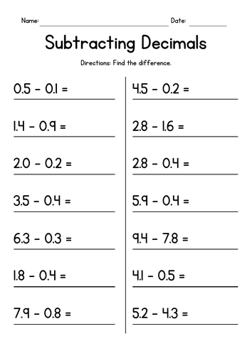 Subtracting Decimals Worksheets