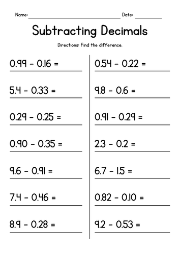 Subtracting Decimals Worksheets