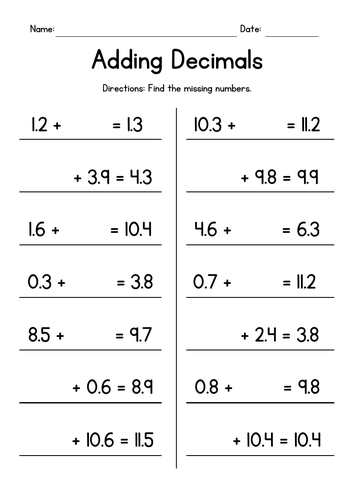 Adding Decimals - Missing Numbers Worksheets