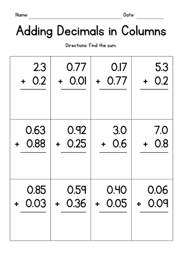 Adding Decimals in Columns Worksheets