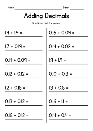 Adding Decimals Worksheets