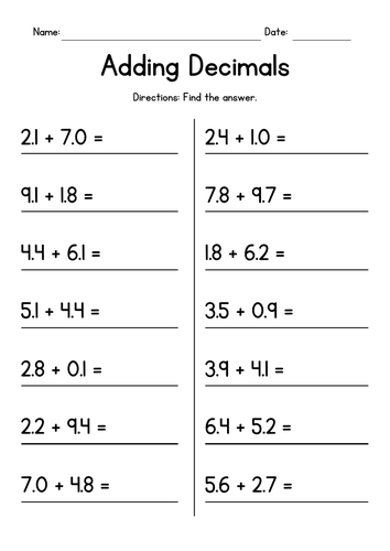 Adding Decimals - Addition Worksheets