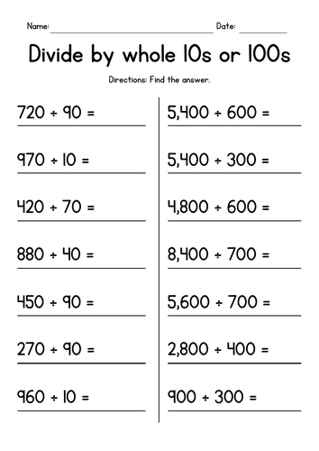 Dividing by Whole 10s or 100s Worksheets | Teaching Resources