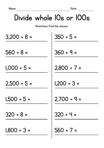 Dividing Whole 10s or 100s by 1-Digit Numbers | Teaching Resources