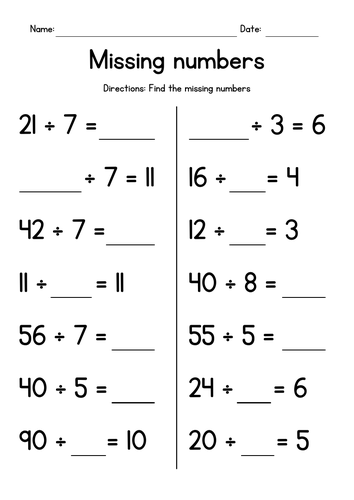 Division Facts - Missing Numbers