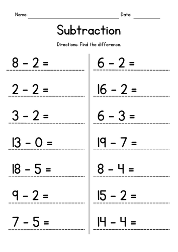 Subtraction with Numbers up to 20 (no regrouping)