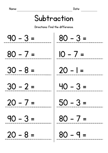 Subtracting 1-Digit Numbers from Whole Tens