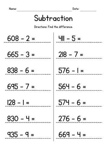 Subtracting 1-Digit from 3-Digit Numbers