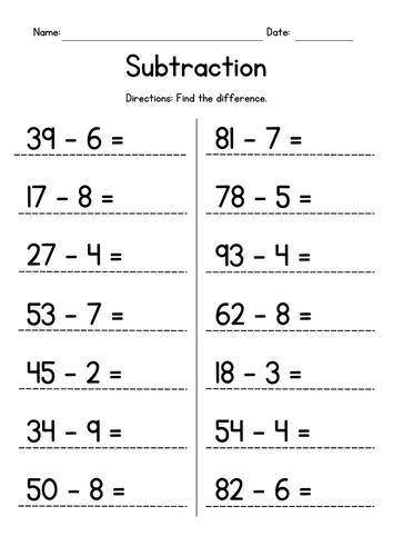 Subtracting 1-Digit from 2-Digit Numbers