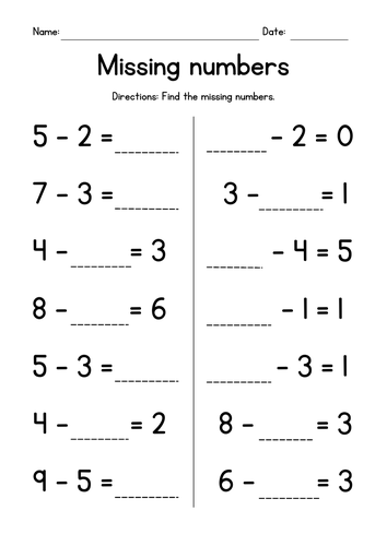 Single Digit Subtraction - Missing Numbers