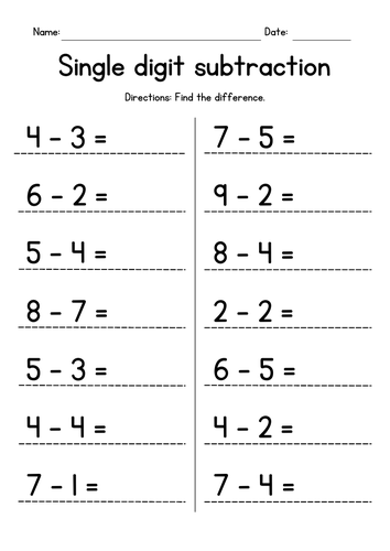 Single Digit Subtraction Worksheets