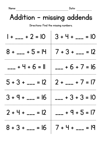 Adding Three 1-Digit Numbers (missing addends)