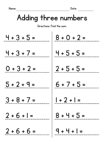 Adding Three Single-Digit Numbers Worksheets