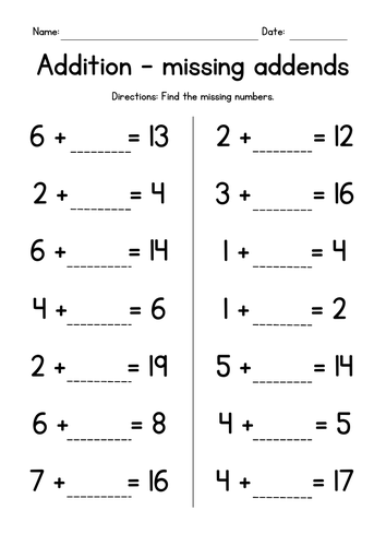 Addition with Missing Addends (sums up to 20)