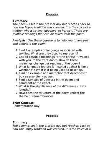 AQA: Poetry Revision Fact File - 'Poppies.' | Teaching Resources