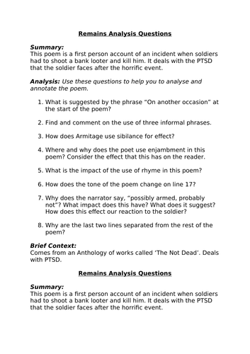 AQA: Poetry Revision Fact File - 'Remains.' | Teaching Resources
