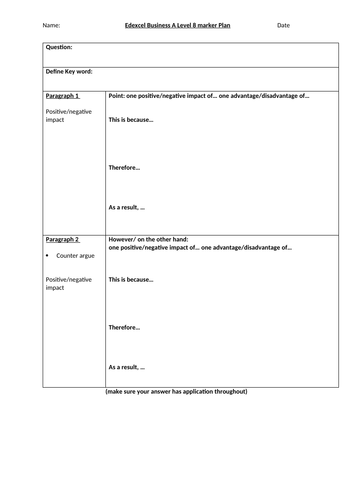 Edexcel A level business 8 Marker Structure plan | Teaching Resources