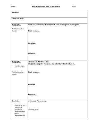 edexcel-a-level-business-10-marker-structure-plan-teaching-resources